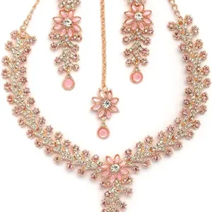 Sukkhi Charming AD Diamonds Studded Floral Choker Necklace with Danlge Earrings Maangtikka Jewellery Set for Women & Girls