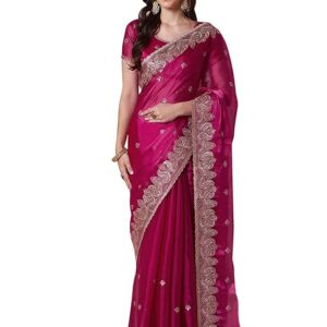 AKHILAM Women's Multicolor Organza Embroidered Saree With Unstitched Blouse Piece (MAYURI1001_AB_Parent)